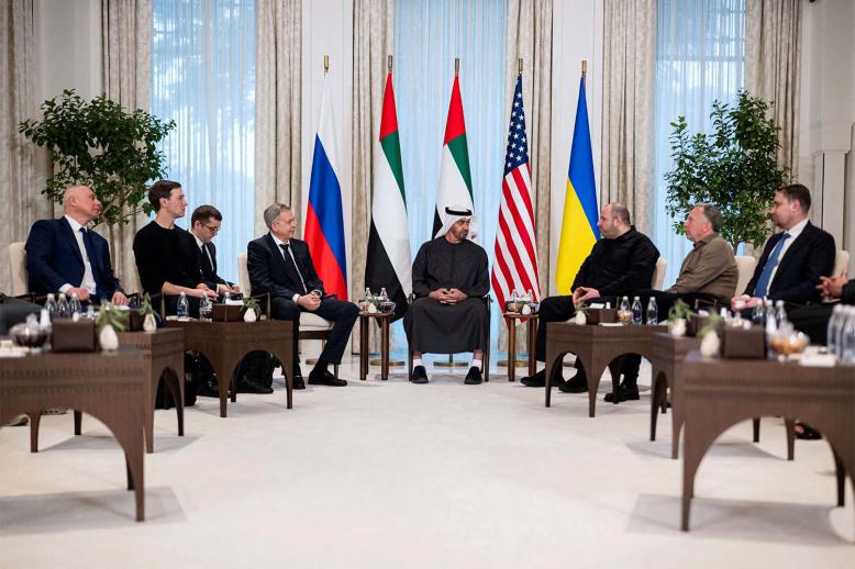 UAE President Sheikh Mohamed bin Zayed Al Nahyan receives the heads of delegations participating in the UAE-hosted trilateral talks between the US, Russia and Ukraine