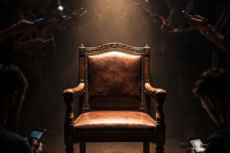 صورة تجريدية لكرسي خشبي عتيق (كرسي الناقد الأكاديمي) فارغ تحت ضوء مسلط، بينما يزدحم المشهد حوله بظلال لأشخاص يحملون هواتفهم ويكتبون، مما يجسد فكرة تراجع السلطة المركزية للناقد التقليدي