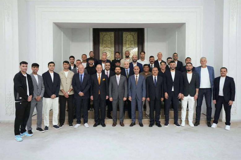 Iraqi Prime Minister Ali al-Zaidi meets members of Iraq’s national football team delegation before their departure to Spain for a training camp ahead of the 2026 World Cup