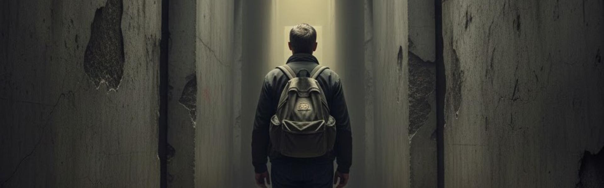 شخص يقف في ممر ضيف مع حقيبة نجاة