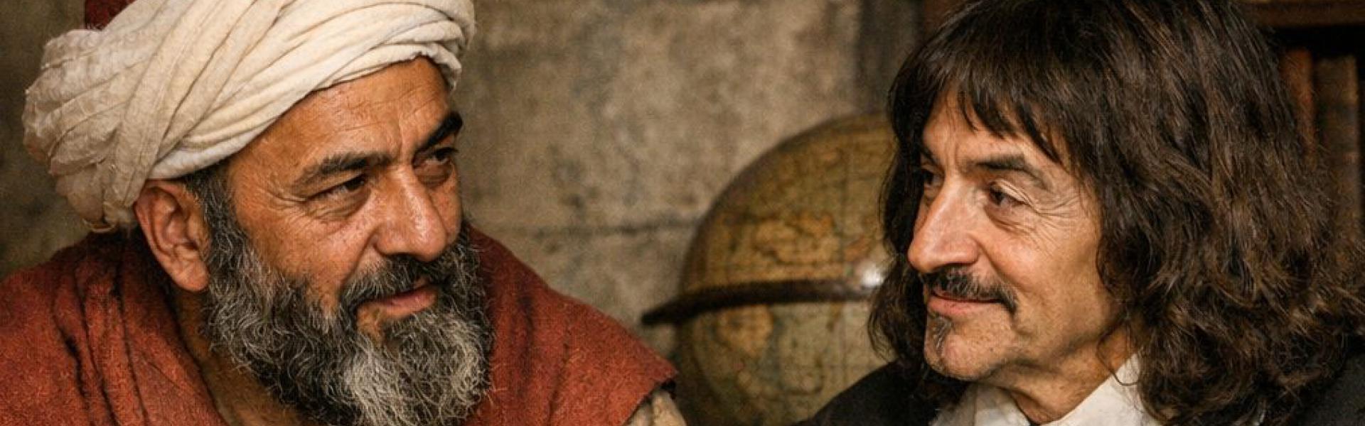 صورة متخلية بالذكاء الاصطناعي للامام أبوحامد الغَزَالي مع ديكارت