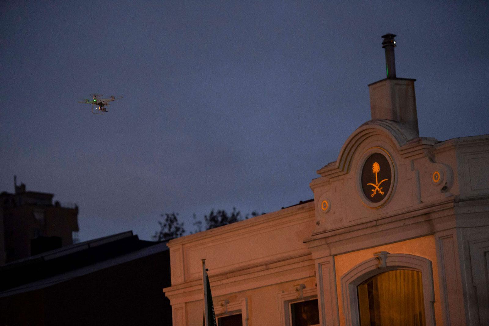 A drone flies over the residence of the Saudi Consul General Mohammad al-Otaibi, on October 17 in Istanbul, Turkey.