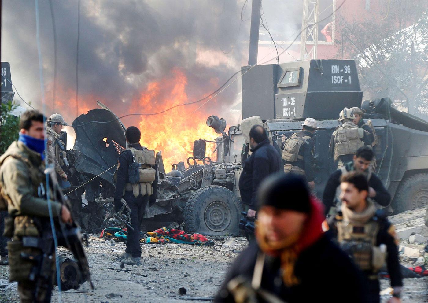 A car bomb exploded during an operation to clear the al-Andalus district of Islamic State militants, in Mosul, Iraq, January 16, 2017