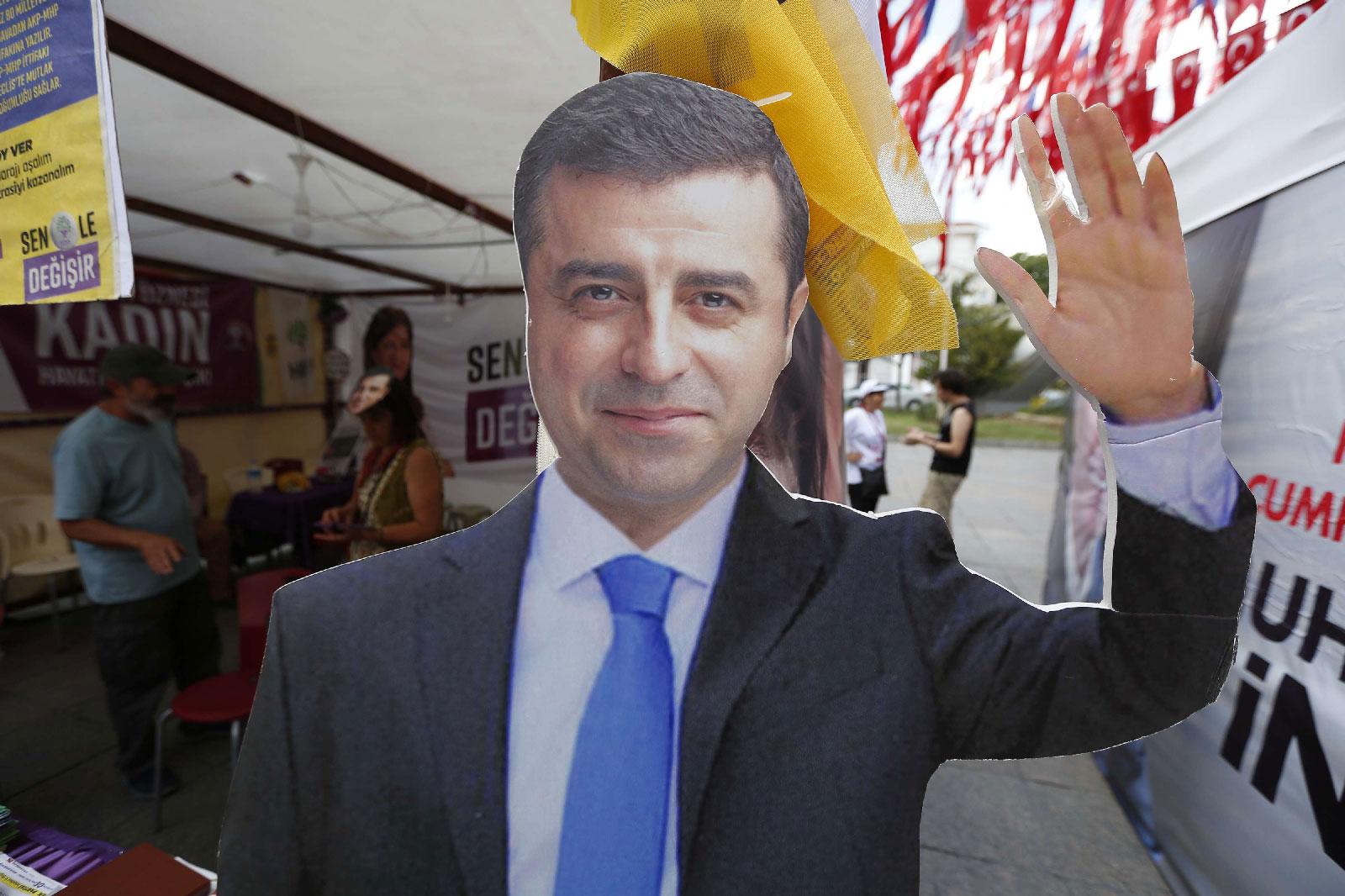 A cardboard cut-out of Selahattin Demirtas, the jailed former co-chair and the presidential candidate of the pro-Kurdish Peoples' Democratic Party, (HDP) who is fighting terrorism-related charges.