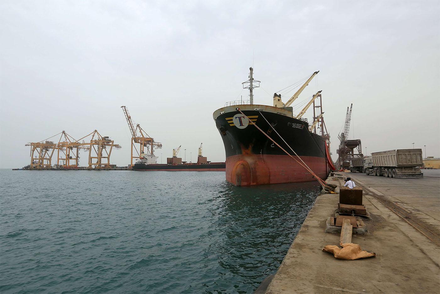 A ship carrying a shipment of grain is docked at the Red Sea port of Hodeidah