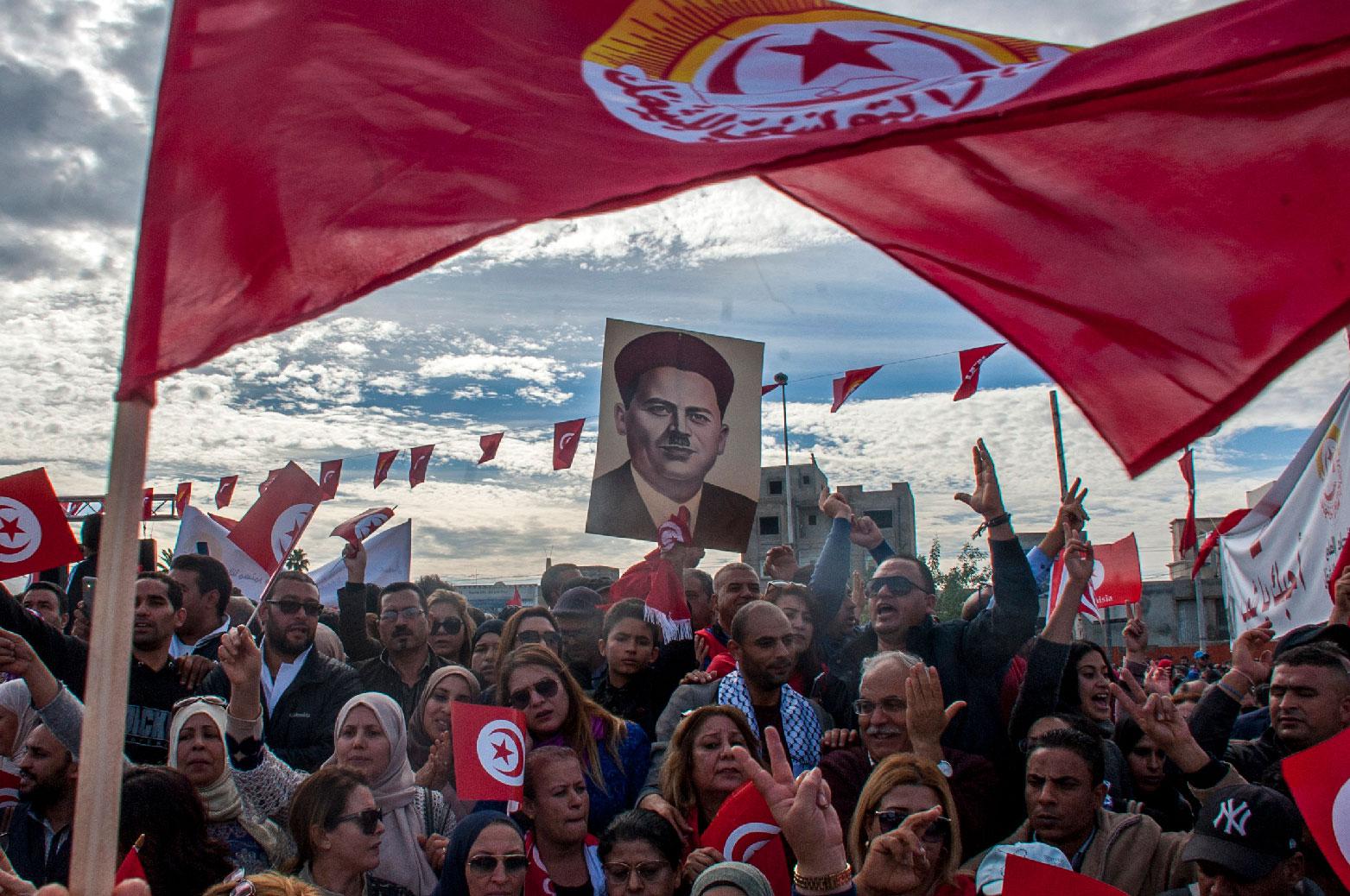 Hundreds of Tunisian public-sector workers demonstrate after failing to reach a wage agreement with the government on Thursday, Nov.22, 2018 in Tunis.