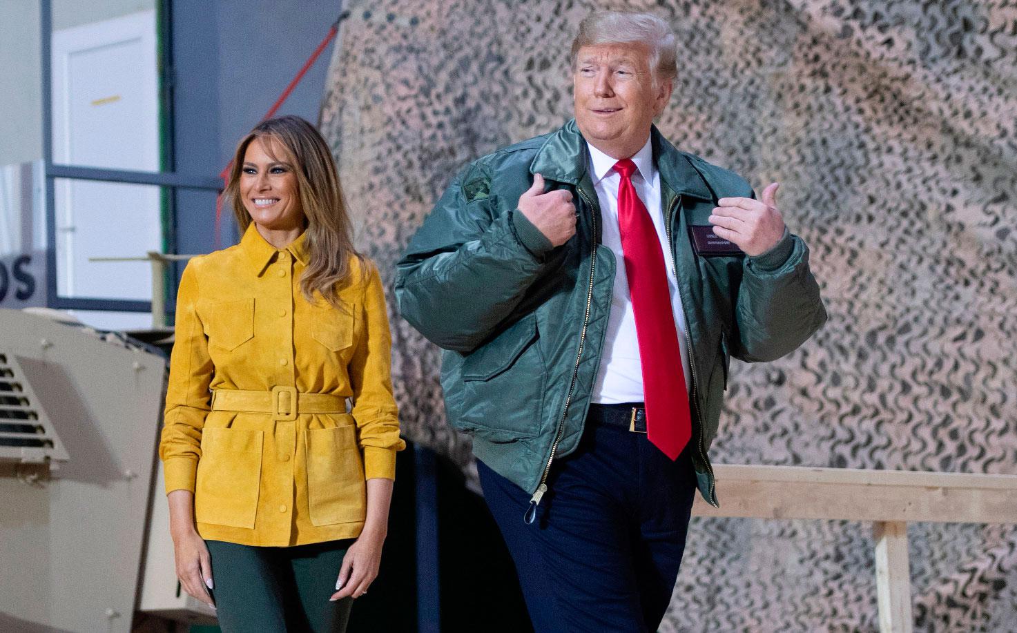 US President Donald Trump delivers remarks to U.S. troops in an unannounced visit to Al Asad Air Base, Iraq December 26, 2018.