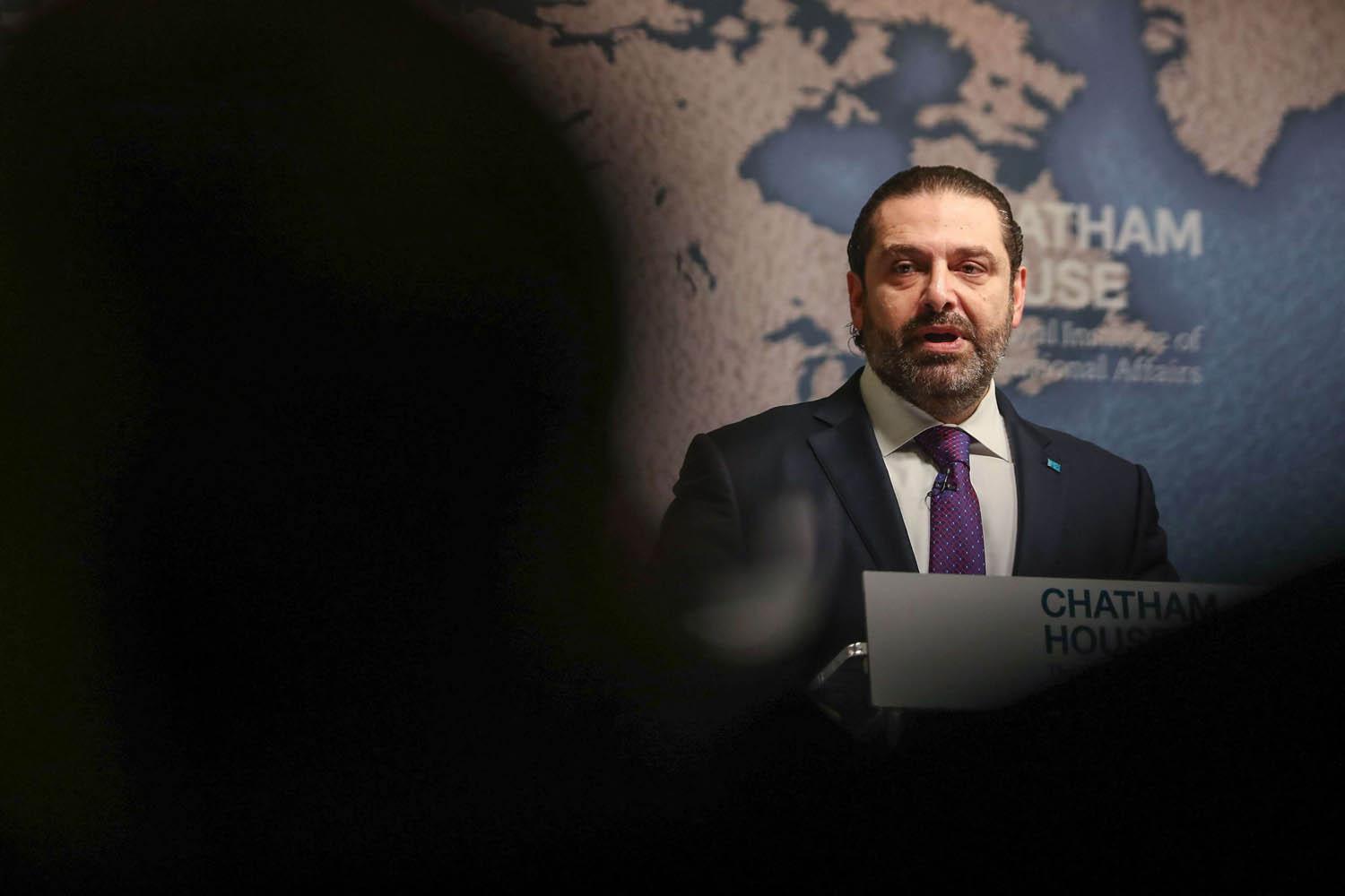 رئيس الوزراء اللبناني سعد الحريري يلقي كلمة في تشاتام هاوس في لندن