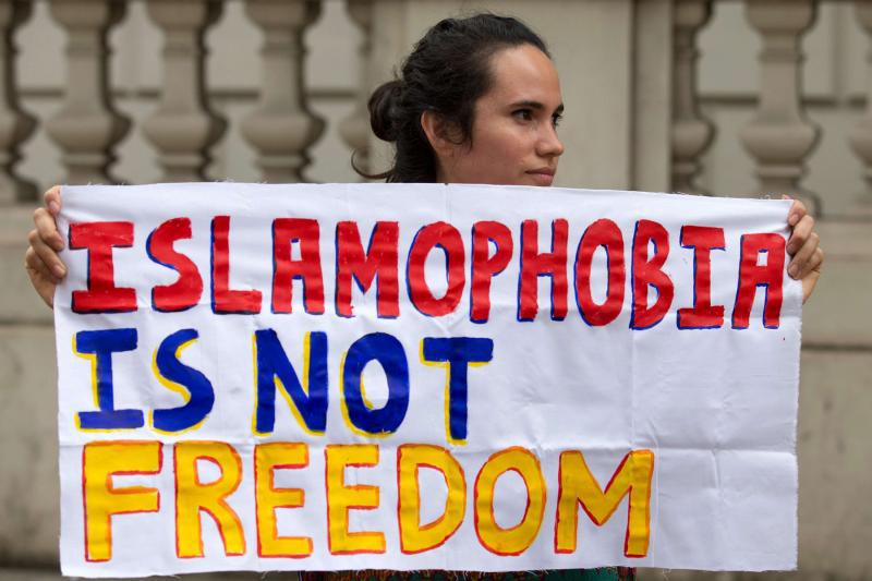 A protester participates in an anti-Islamophobia demonstration in London.