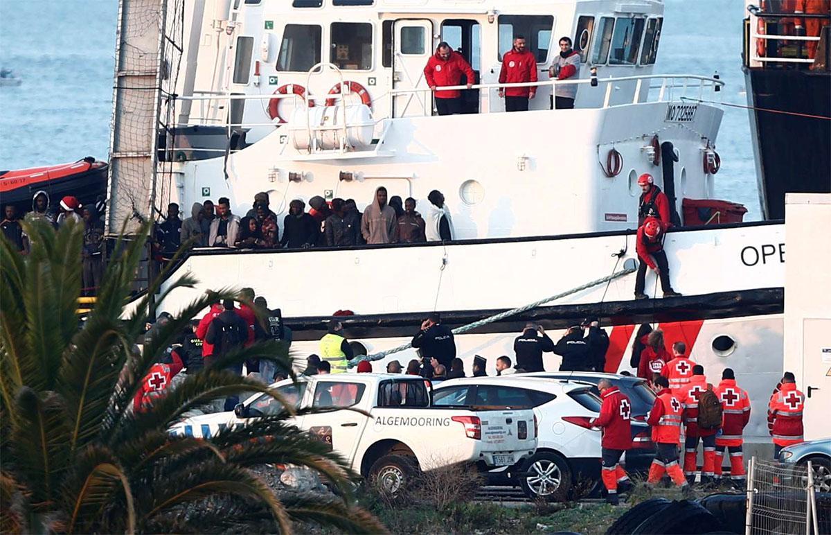 NGO Proactiva Open Arms' rescue boat is seen docked with migrants rescued in central Mediterranean Sea in the port of Algeciras