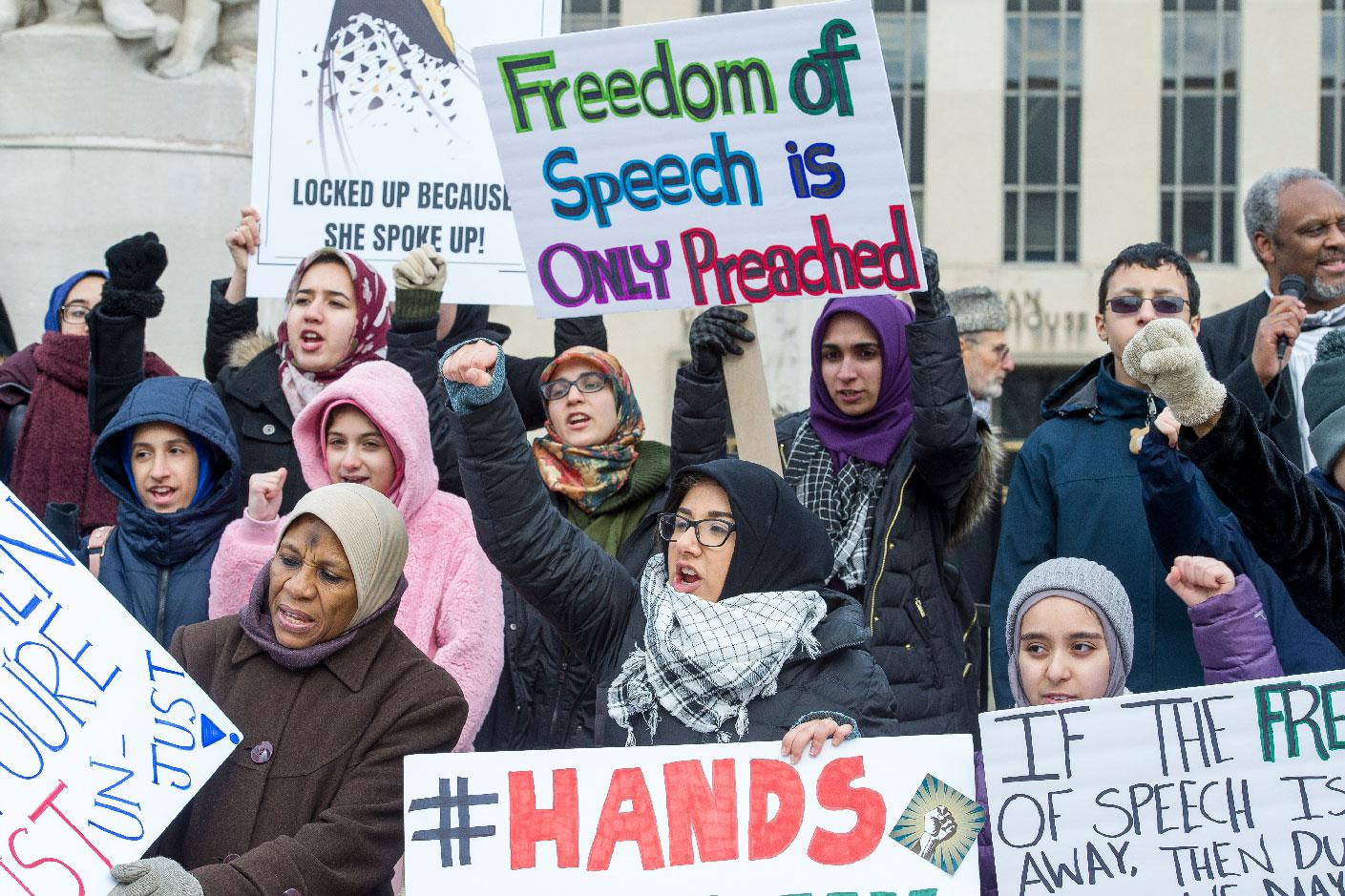 Supporters of Marzieh Hashemi, an American-born anchor for Iran's state television broadcaster, demonstrate outside the Federal Courthouse where Hashemi will appear before a U.S. grand jury, Wednesday, Jan. 23, 2019, in Washington.