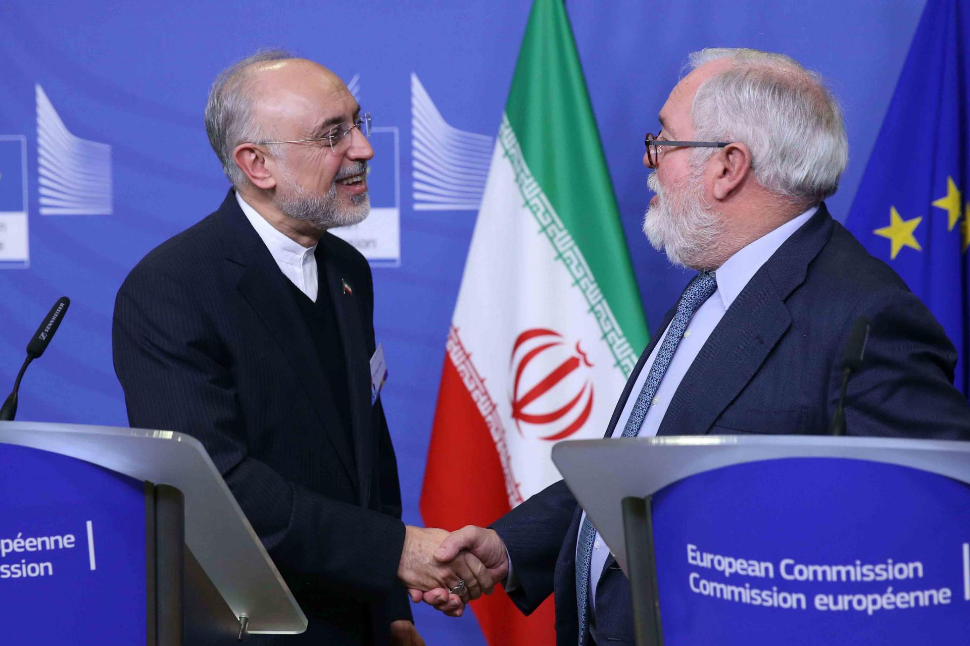 Miguel Arias Canete (R) Commissionner of the European Commission in charge of Climate Action and Energy, and Vice-President of the Islamic Republic of Iran and Head of the Atomic Energy Organisation of Iran (AEOI) Ali Akbar Salehi