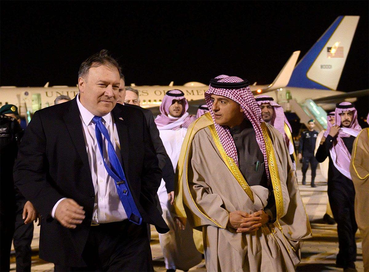 Pompeo is greeted by Saudi's Minister of State for Foreign Affairs Adel al-Jubeir in Riyadh 