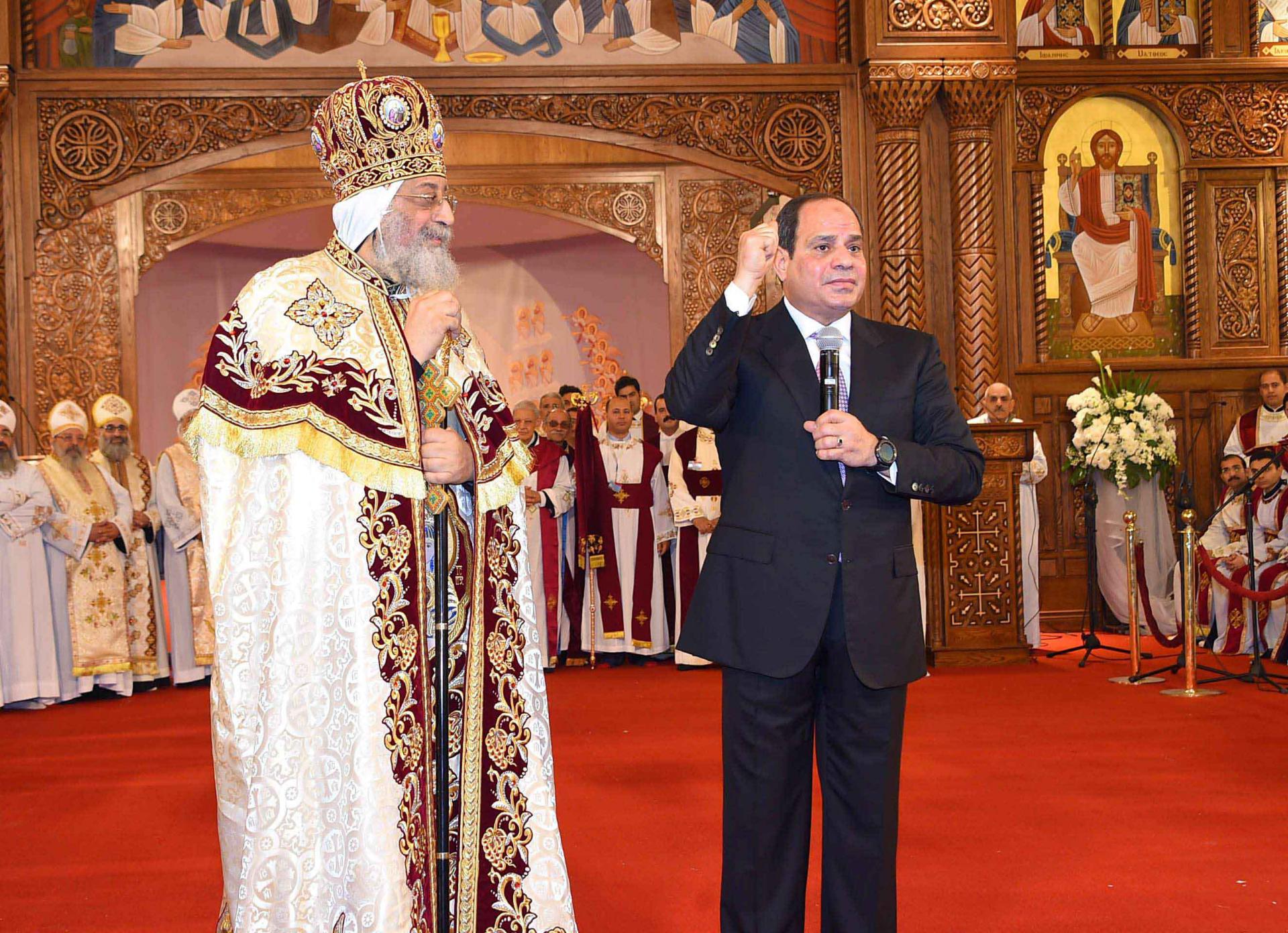 Egyptian Coptic Pope Tawadros II (L) Pope of Alexandria and Patriarch of Saint Marc Episcopate receives Egyptian President Abdel Fattah al-Sisi in January 2018