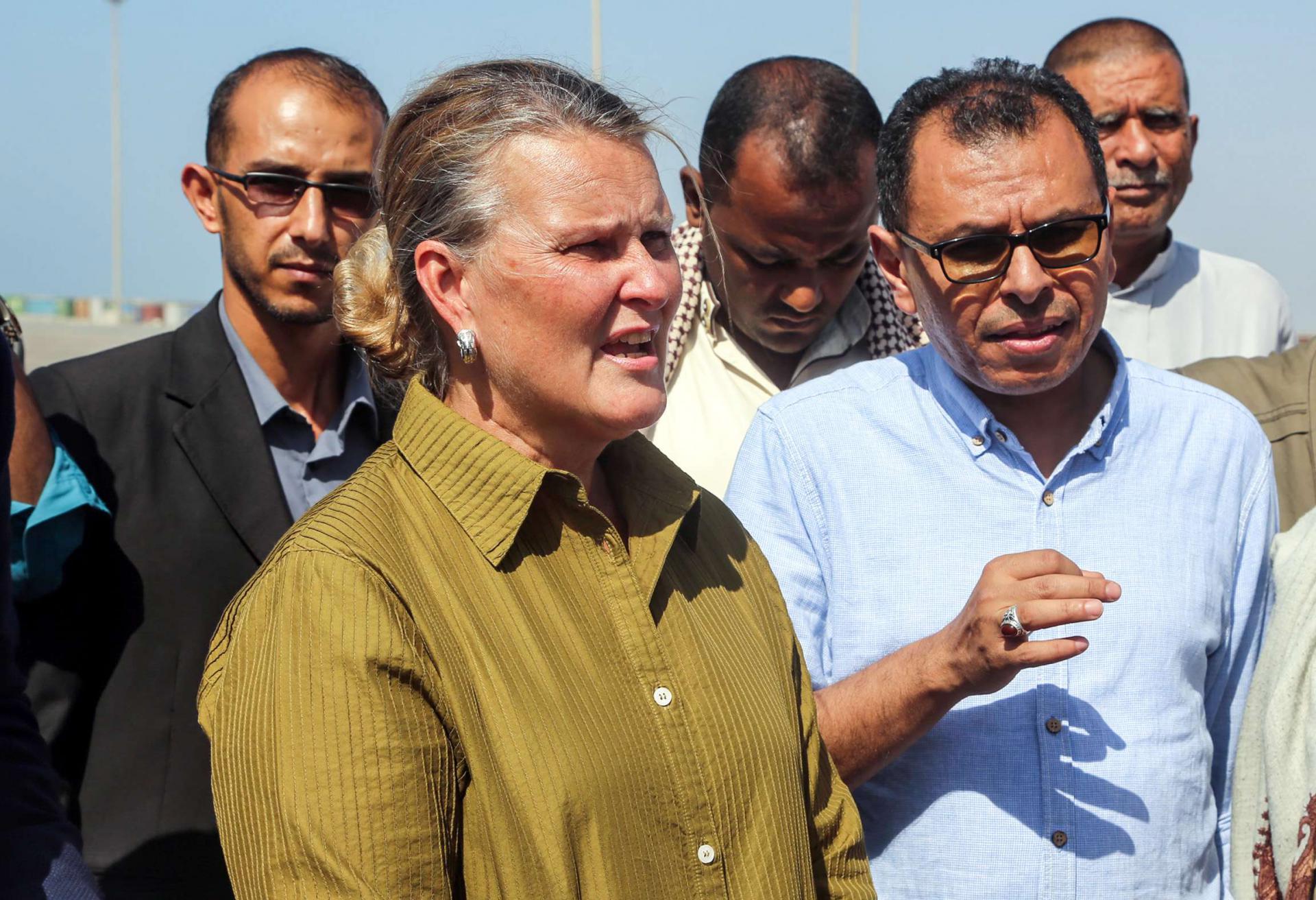UN Resident Coordinator in Yemen, meets with officials during her visit to the embattled Red Sea port city of Hodeida on January 11, 2019