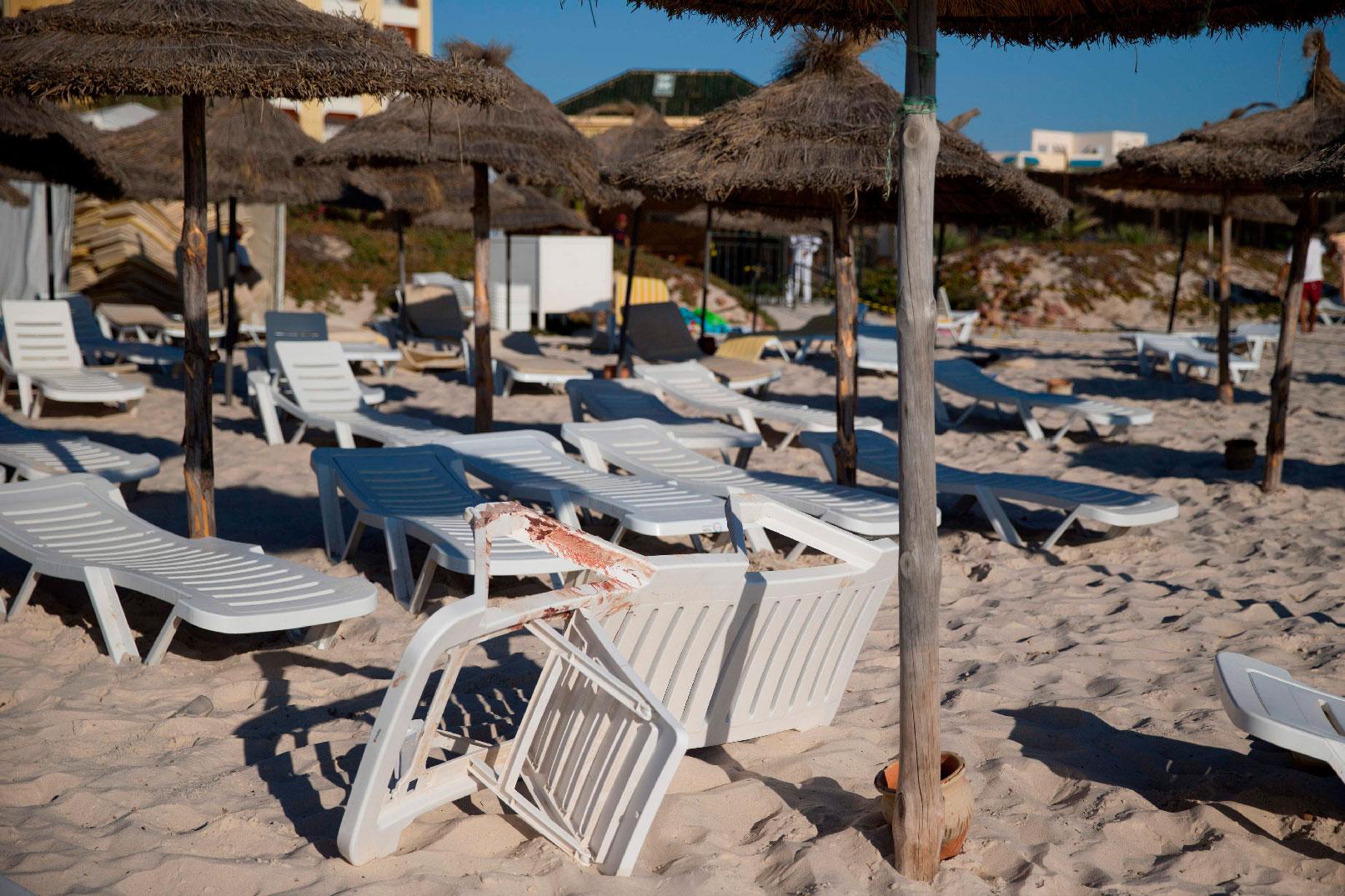 In this file photo taken on June 27, 2015, blood stains are seen on a deckchair at the beach of the Riu Imperial Marhaba Hotel, at the site of a shooting attack, in Port el Kantaoui, on the outskirts of Sousse south of the capital Tunis.