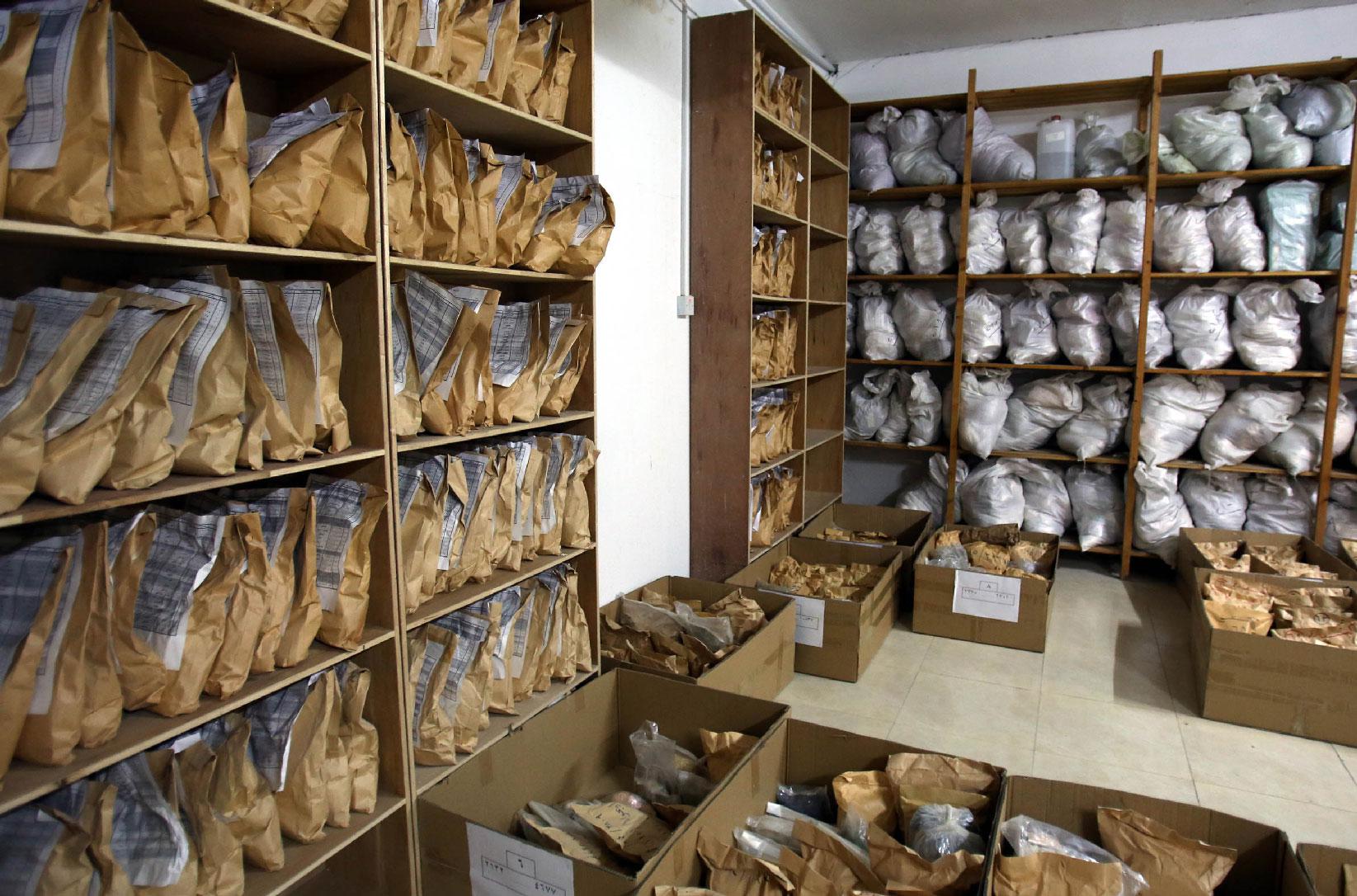Bags containing confiscated drugs are displayed at the police anti-narcotics unit headquarters in Amman on January 7, 2019.