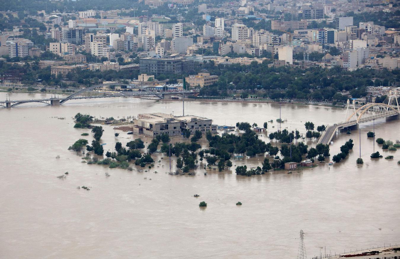 An aerial view taken on April 09, 2019 shows the Karun River which has burst its banks in Ahvaz, the capital of Iran's southwestern province of Khuzestan which has been badly affected by flooding over the past few weeks.
