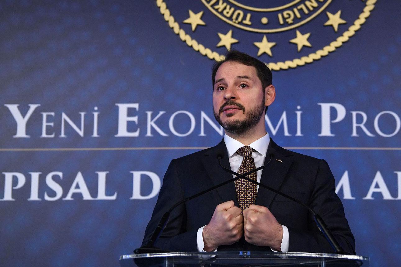 Turkish Treasury and Finance Minister Berat Albayrak addresses a press conference to announce his new economic policy and reforms in Istanbul on April 10, 2019. 