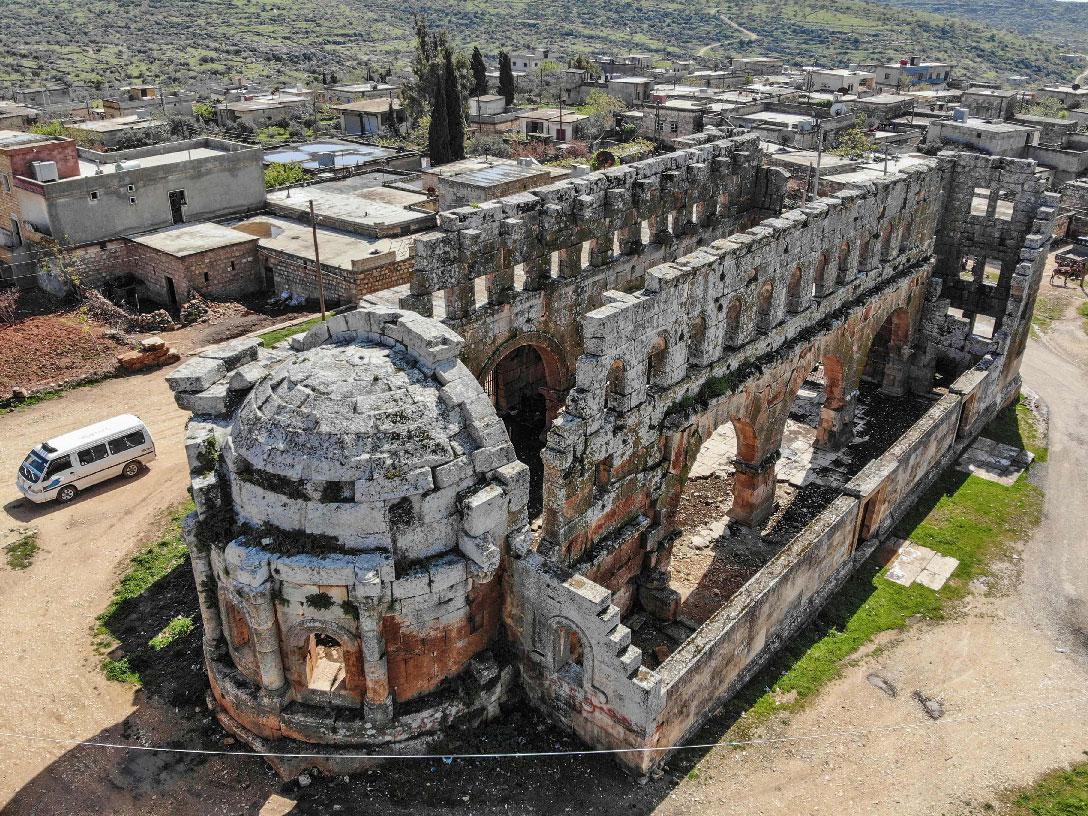 An aerial view shows the 5th century basilica in Qalb Lozeh village in northwestern Syria, on April 18, 2019.