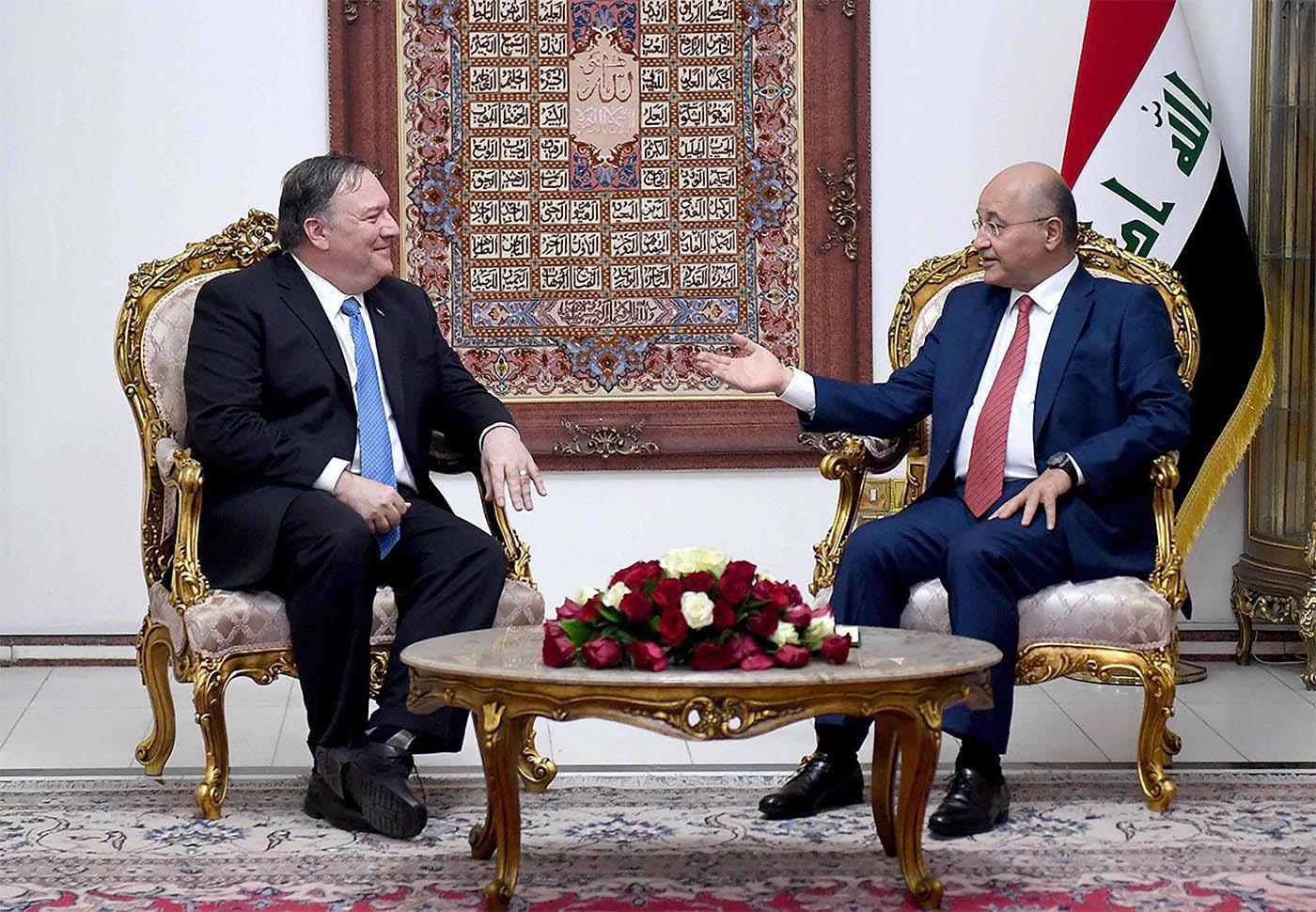 Iraqi President Braham Saleh holding talks with US Secretary of State Mike Pompeo in Baghdad