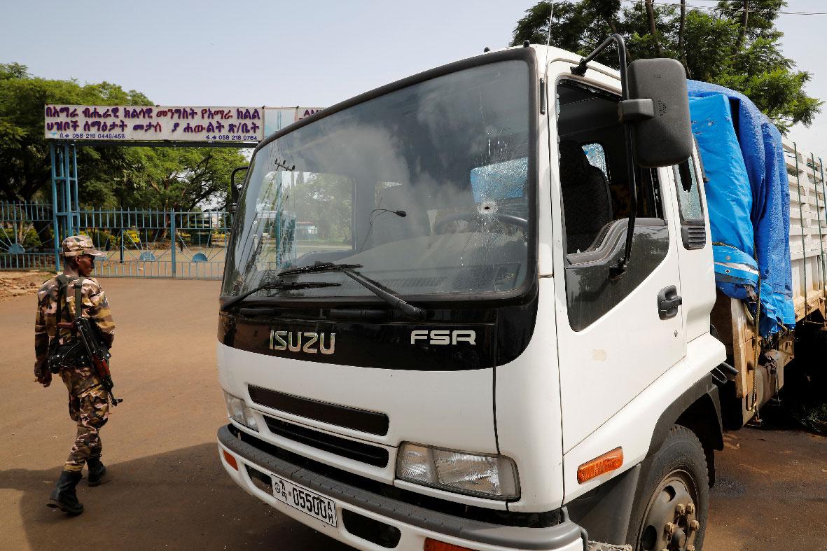 A bullet hole is seen on a truck that was used by the attackers who killed Amhara president Ambachew Mekonnen in the town of Bahir Dar, Amhara region