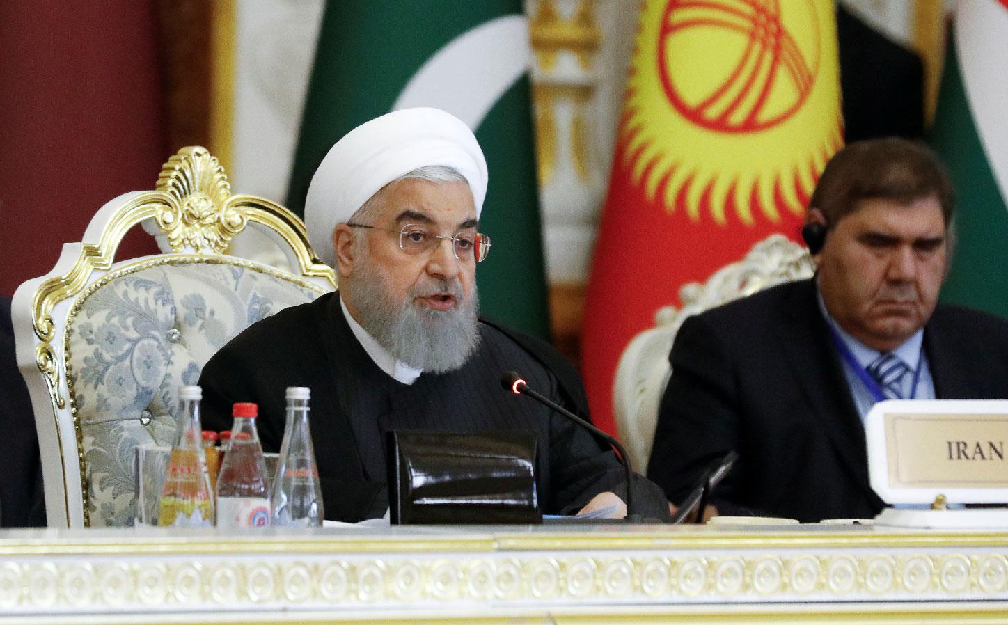 Iranian President Hassan Rouhani speaks in Dushanbe, Tajikistan