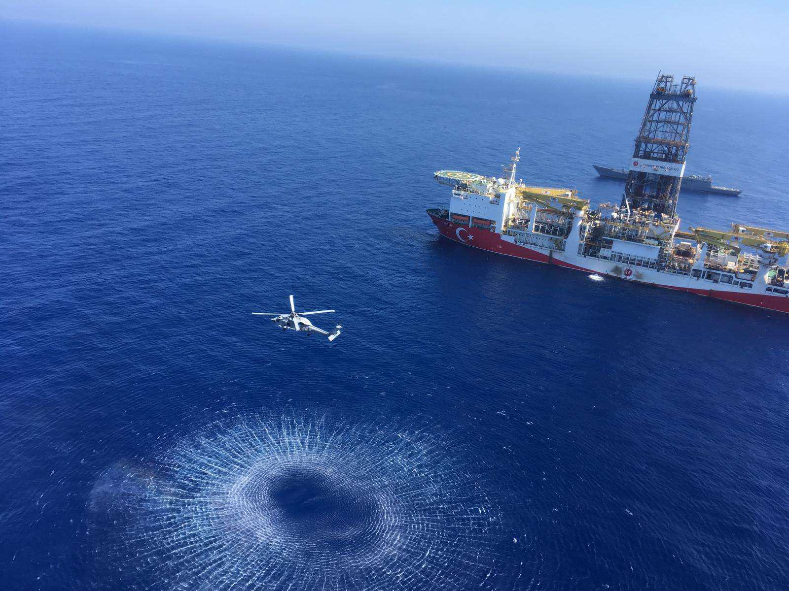 A Turkish Navy warship patrolling next to Turkey’s drilling ship Fatih in the eastern Mediterranean near Cyprus