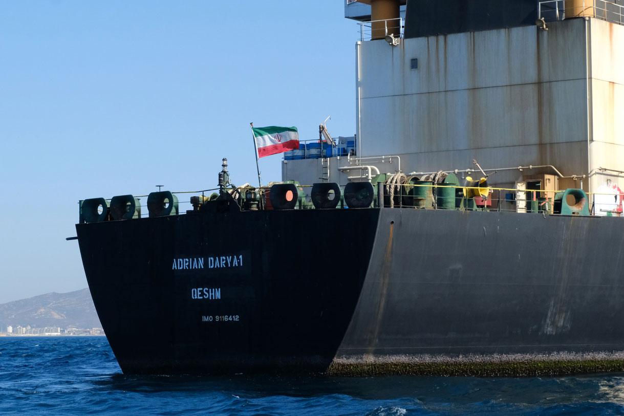 An Iranian flag flutters on board the Adrian Darya oil tanker, formerly known as Grace 1