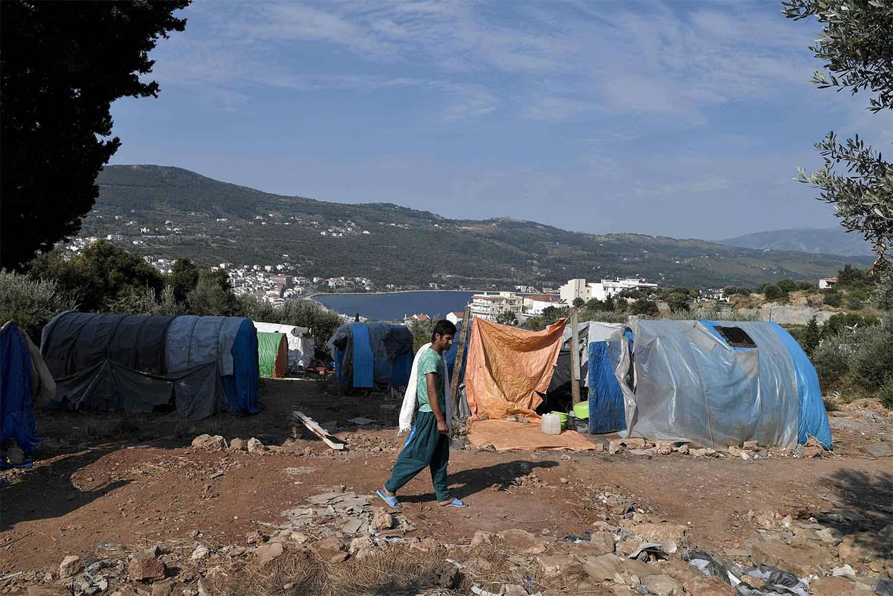 Makeshift refugee camp above the city of Vathy on the island of Samos