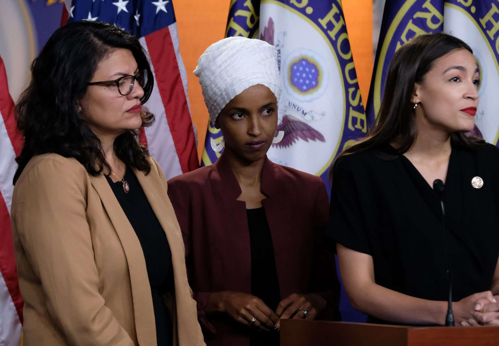 US Reps. Rashida Tlaib (L) Ilhan Omar (C) and Alexandria Ocasio-Cortez (R) attend a news conference at the US Capitol