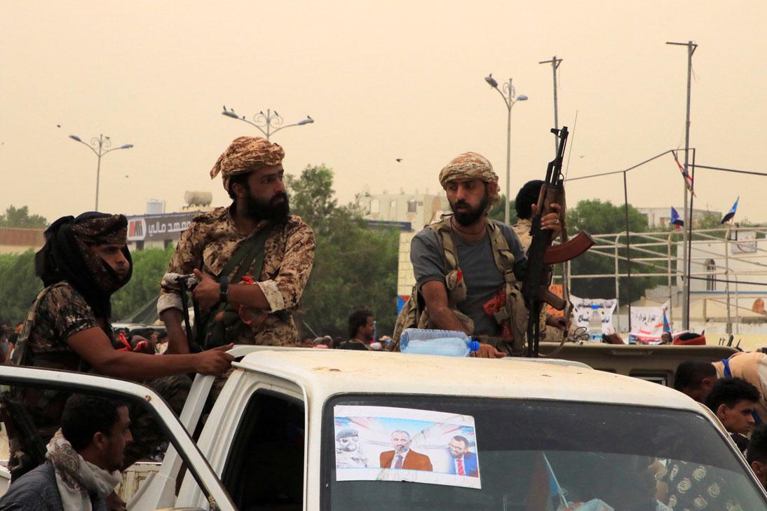Members of Yemen's southern separatists secure the site of a rally in Aden