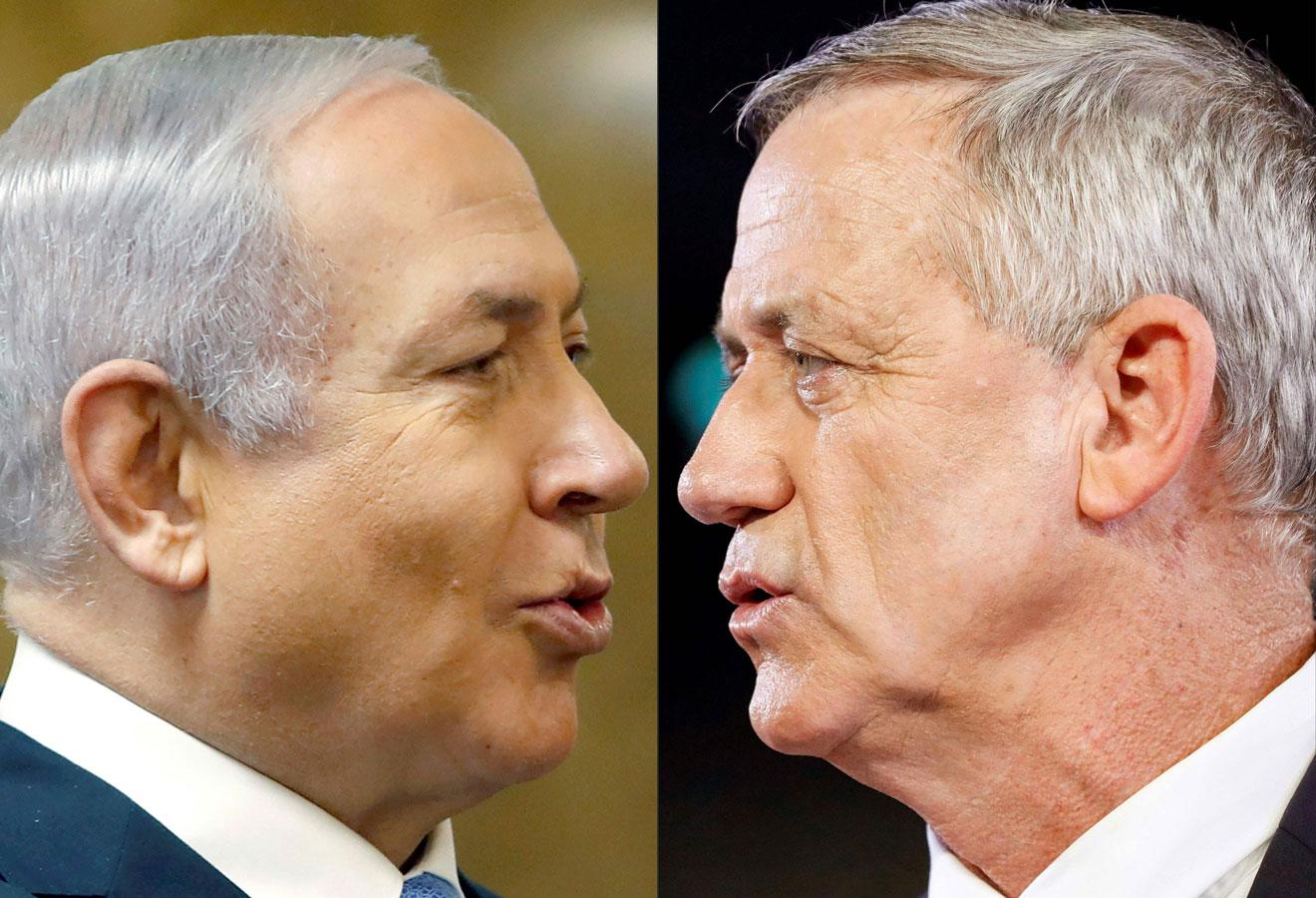 Israeli Prime Minister Benjamin Netanyahu (L) and former Israeli chief of staff Benny Gantz