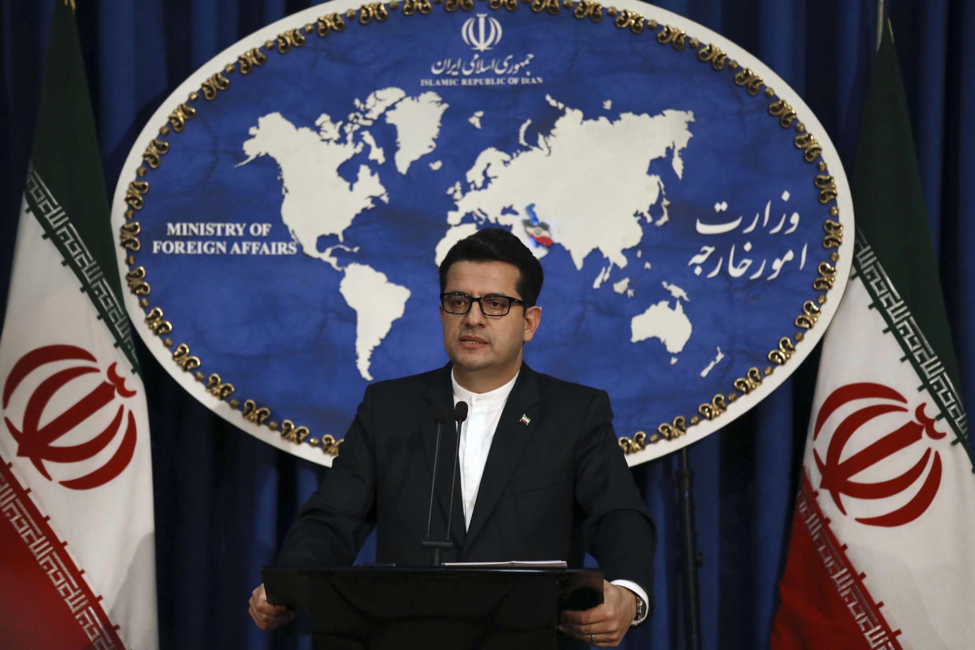 Iran's Foreign Ministry spokesman Abbas Mousavi speaks at a media conference in Tehran
