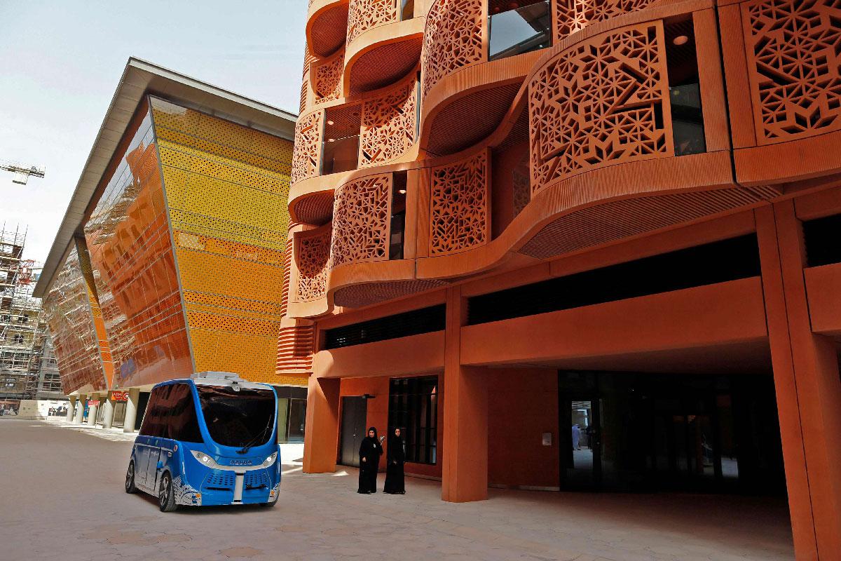 A driverless vehicle in a street at the site of Masdar City, a planned sustainable city project in Abu Dhabi