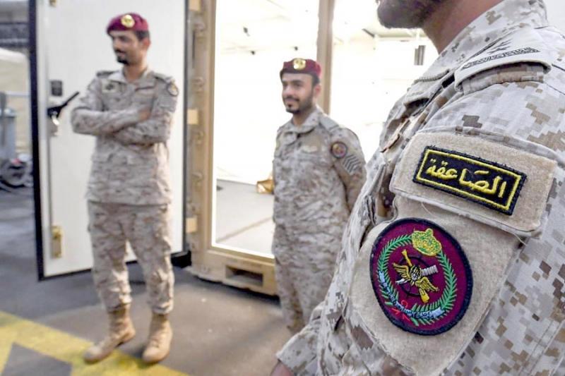 Members of the Saudi special forces stand aboard Britain’s RFA Cardigan Bay landing ship in the Gulf waters off Bahrain.