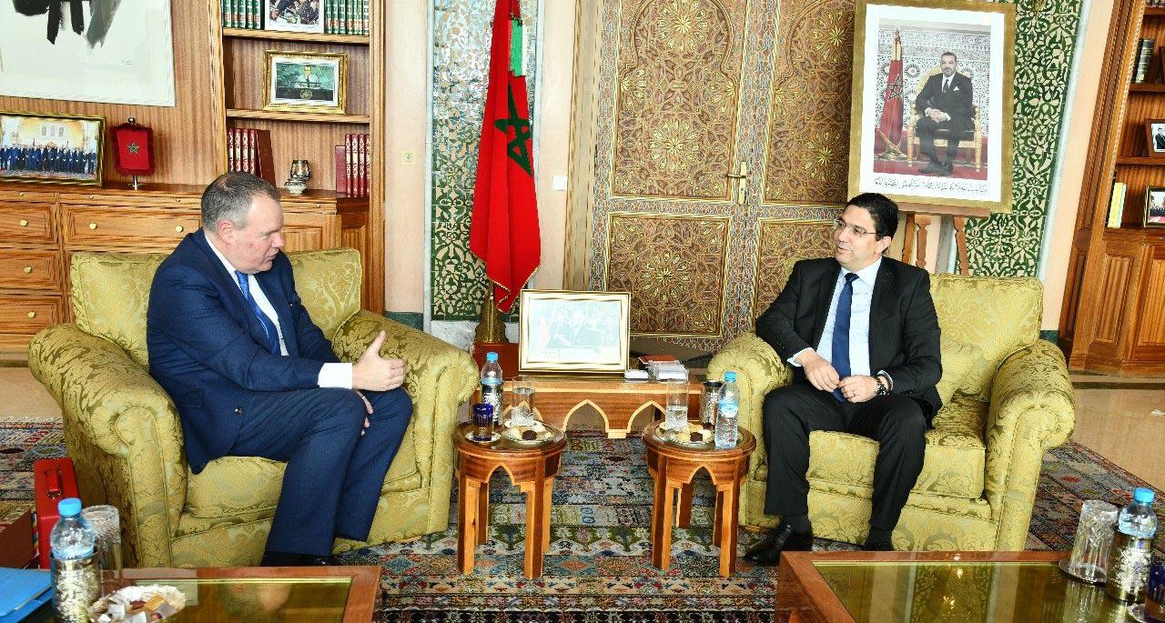 Morocco’s Foreign Minister Nasser Bourita (R) holding talks with British Minister of State for International Trade Conor Burns 