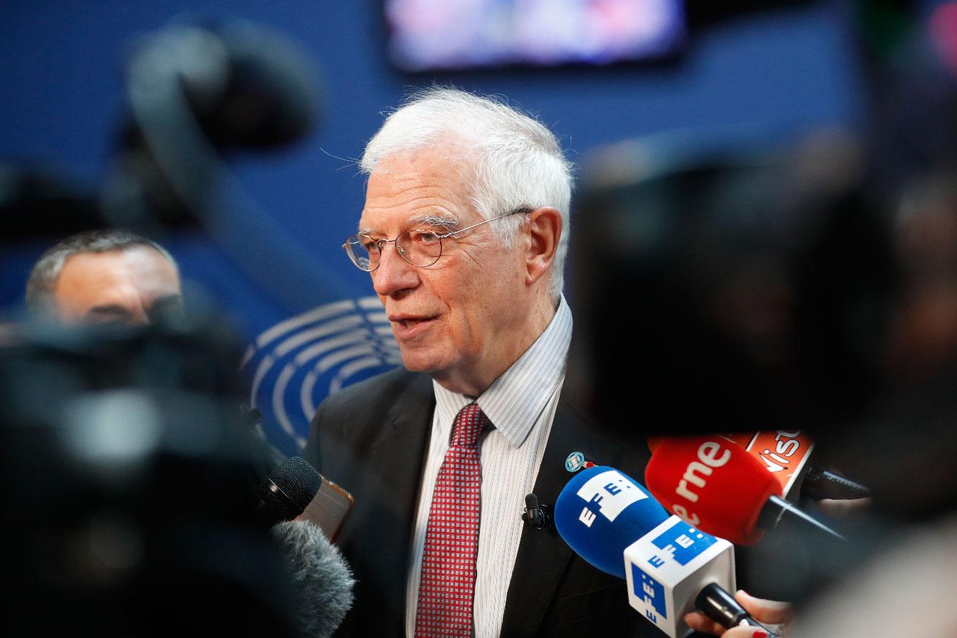 EU foreign policy chief Josep Borrell talks to reporters at the European Parliament in Strasbourg
