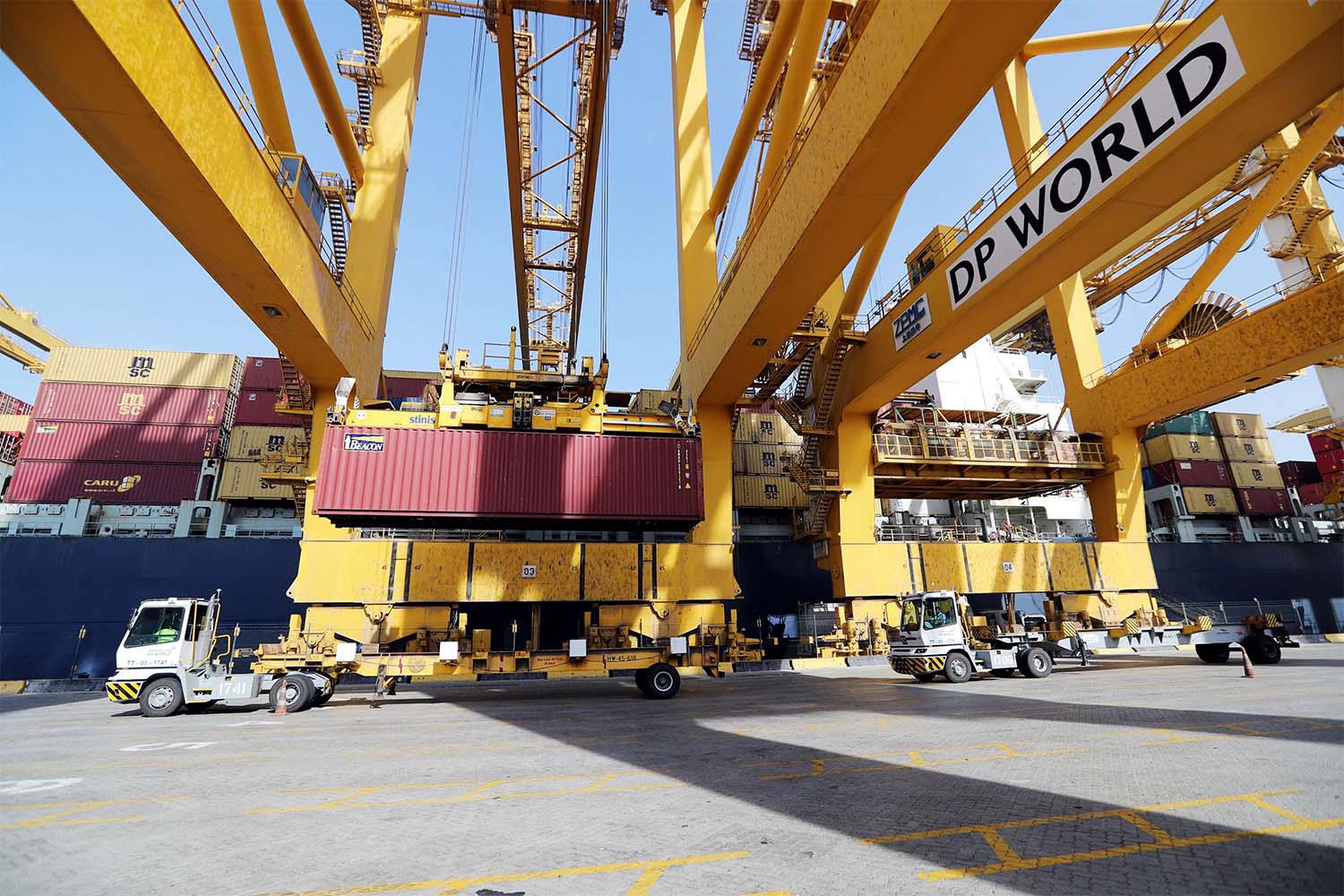 Terminal tractors line up at DP World's Terminal 2 at Jebel Ali Port in Dubai