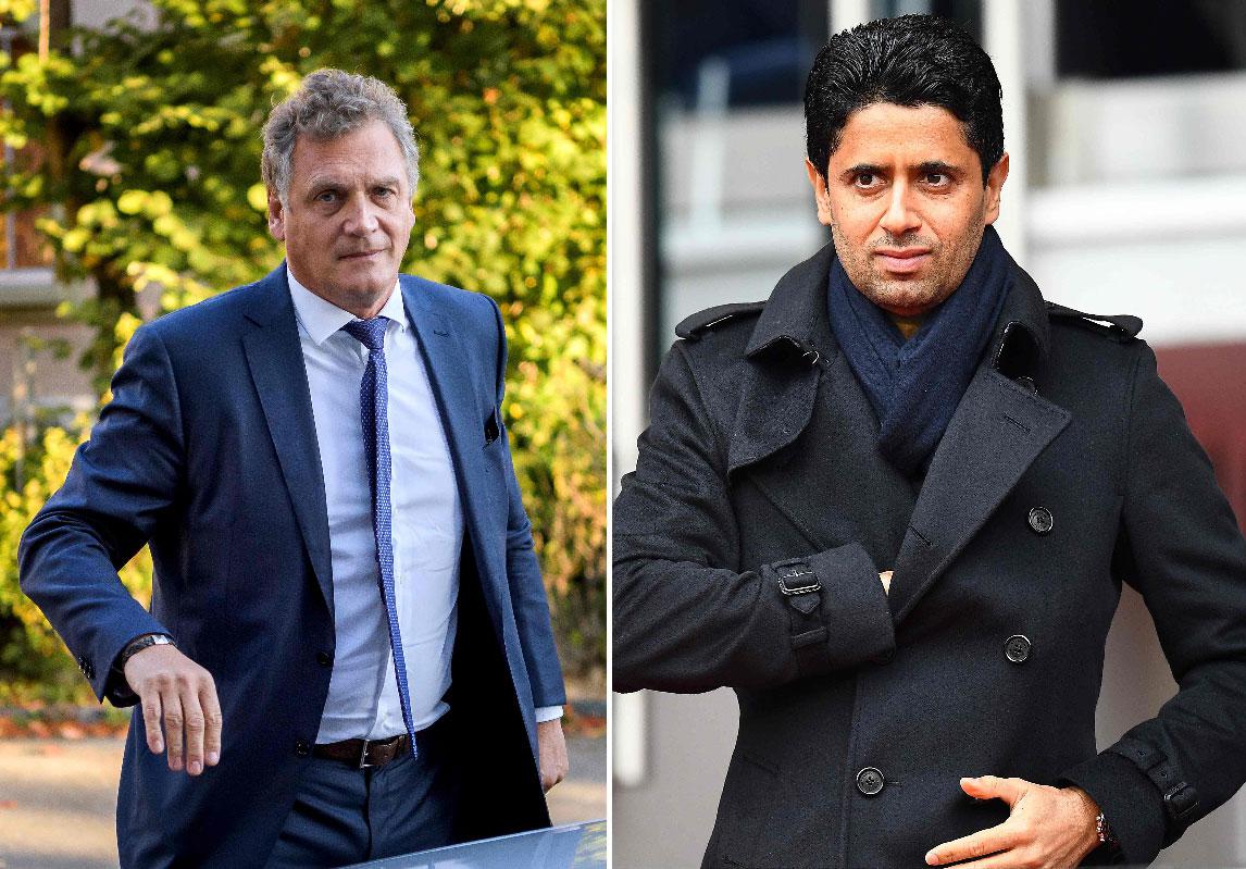 (L) French former FIFA Secretary General Jerome Valcke and (R) Paris Saint-Germain's Qatari president Nasser Al-Khelaifi 
