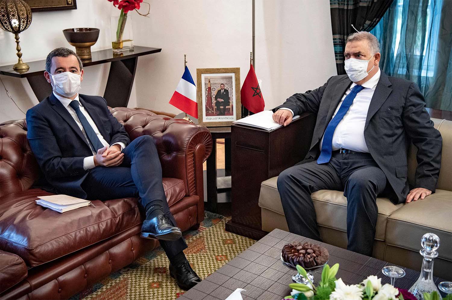 Abdelouafi Laftit (R), the Moroccan Minister of Interior receives his French counterpart Gerard Darmalin in Rabat