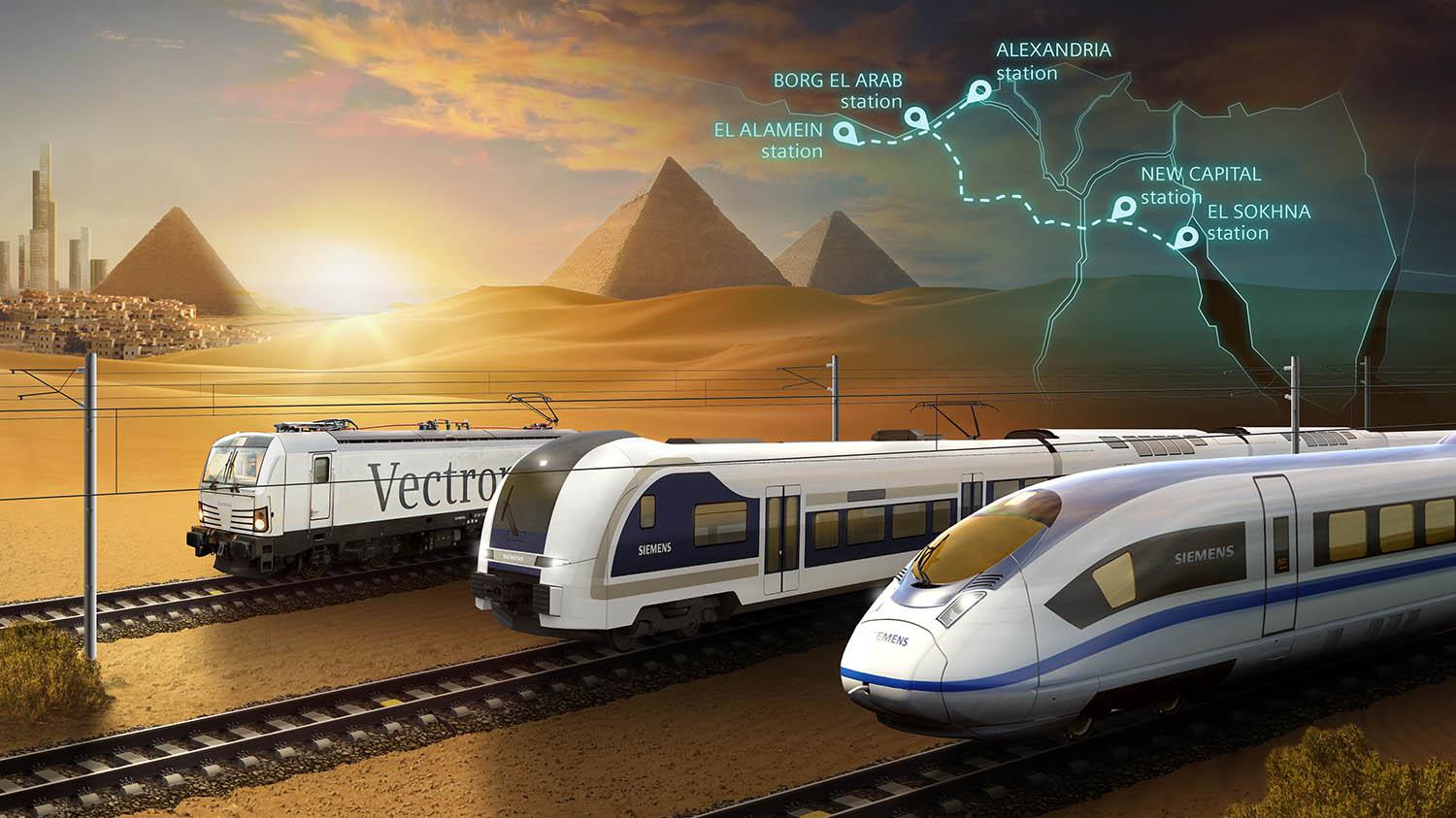 خط القطار الكهربائي يبدأ من مدينة العين السخنة بمحافظة السويس شرقا وصولا إلى محافظة مطروح شمال غرب البلاد (press.siemens.com)