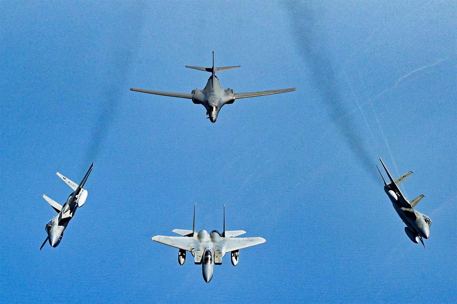 The B-1B Lancer bomber flew over the Red Sea, its narrow Bab el-Mandeb Strait and Egypt's Suez Canal