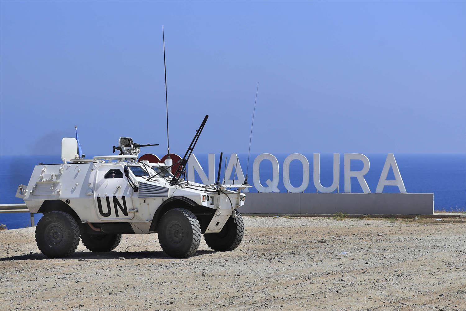 UNIFIL peacekeeping force vehicle patrols in the southern coastal border Lebanese-Israeli town of Naqoura