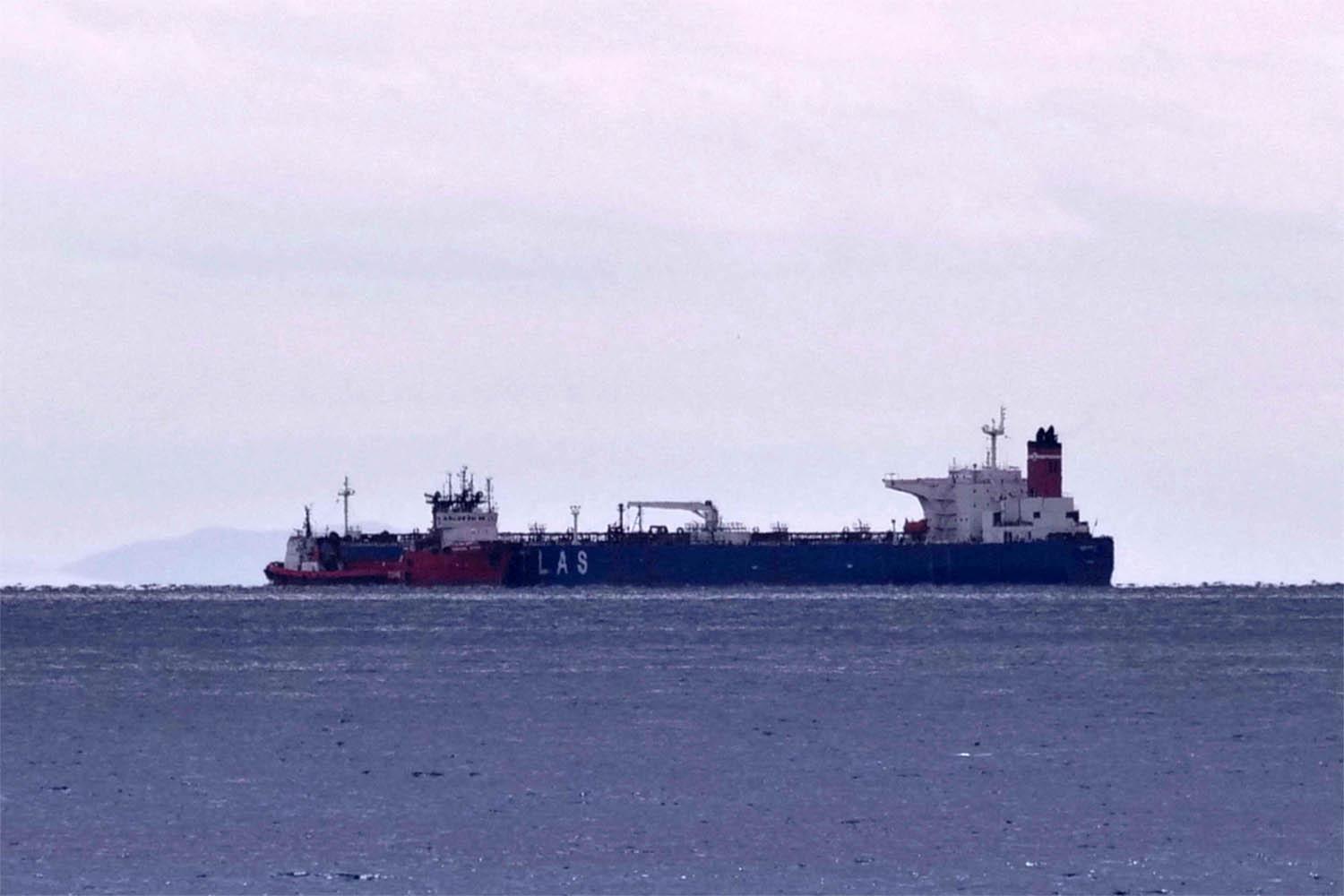 The seized oil tanker Lana is seen anchored off the shore of Karystos