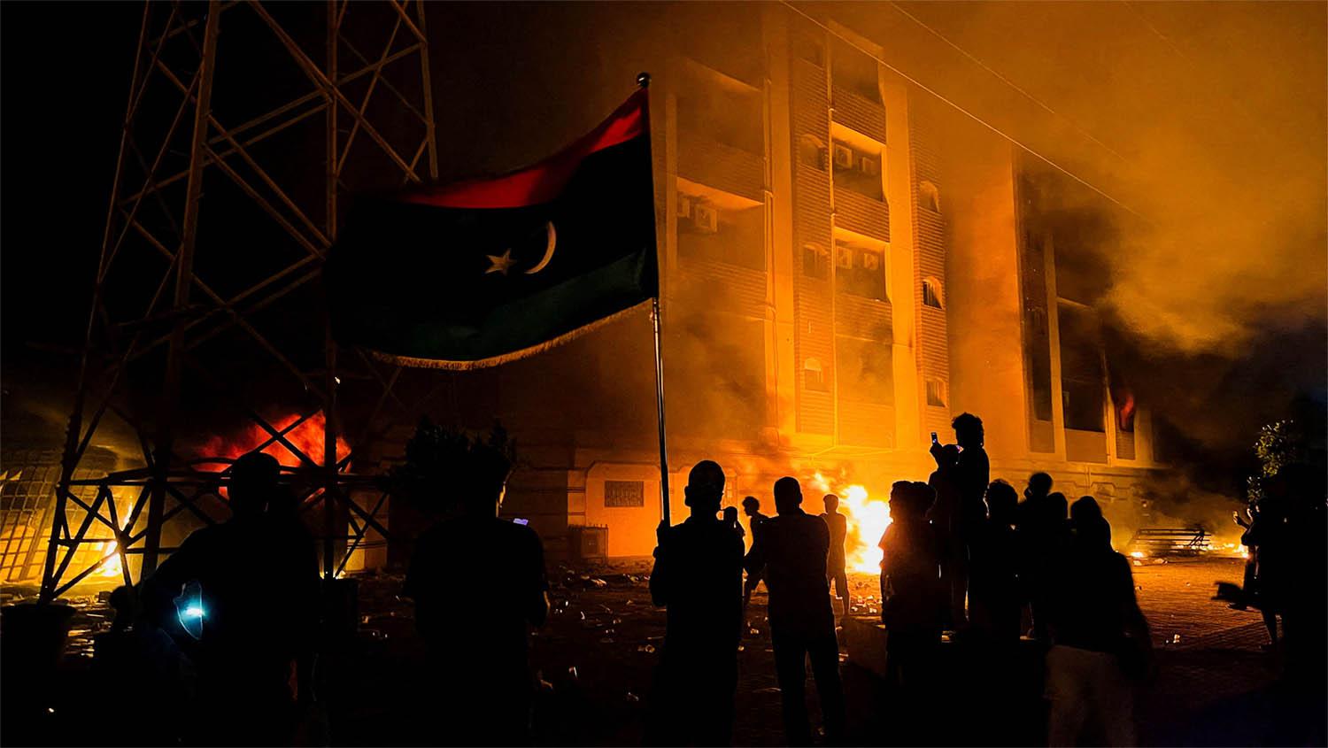 Many protesters attacked and set fire to government buildings, including the House of Representatives in Tobruk