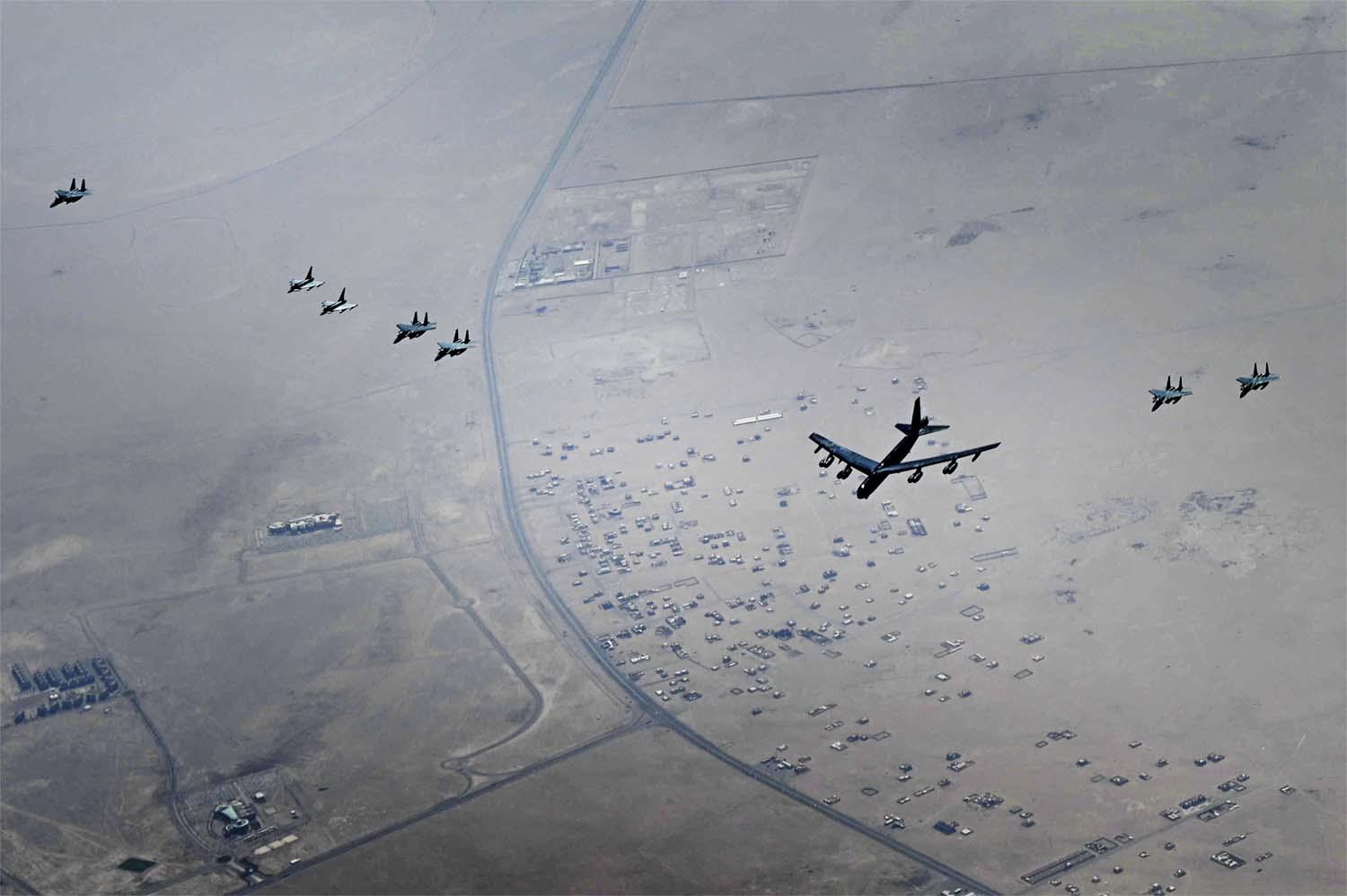 Two nuclear-capable B-52 long-distance bombers flying over the Middle East