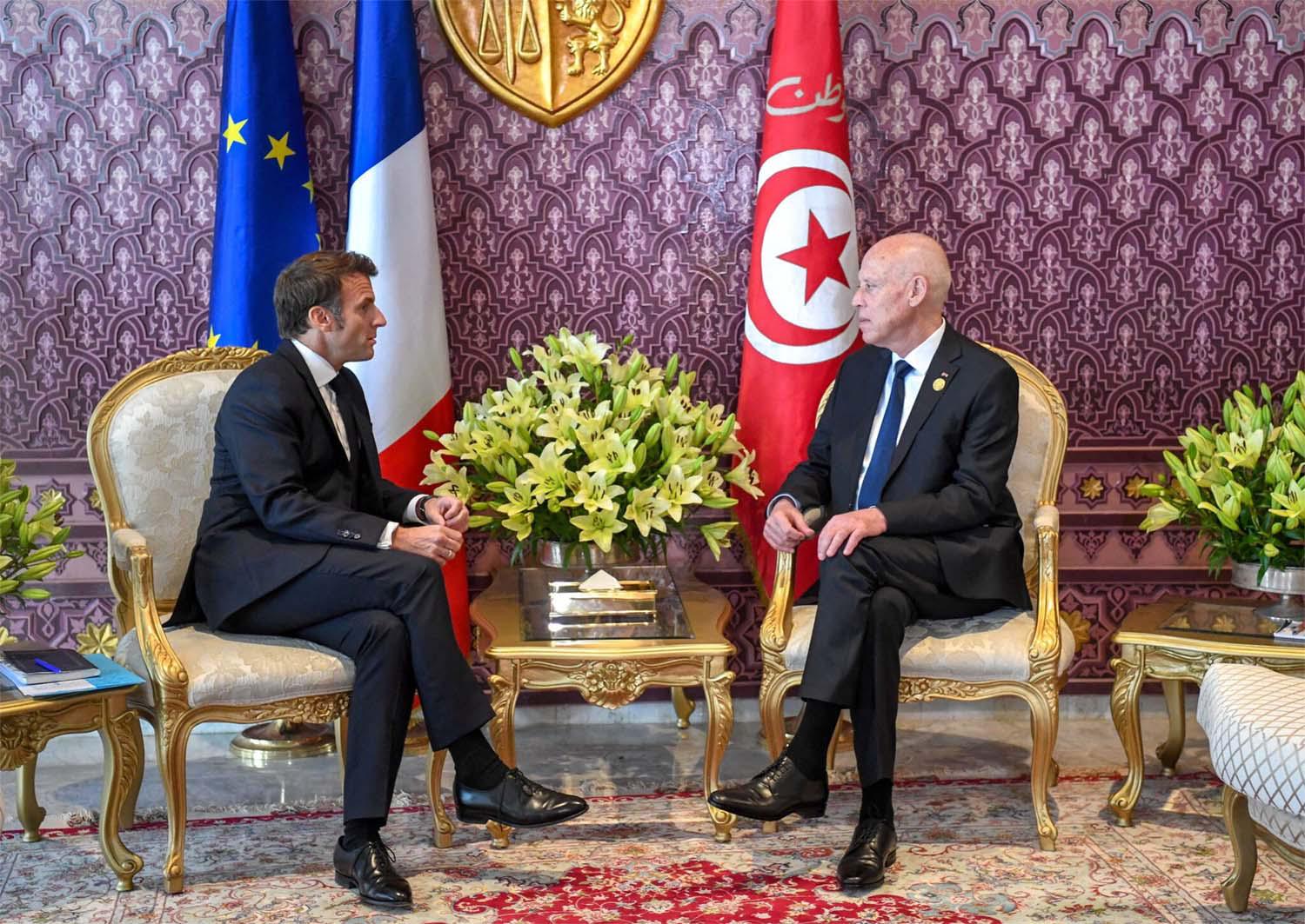 Tunisia's President Kais Saied meets with French President Emmanuel Macron in Djerba