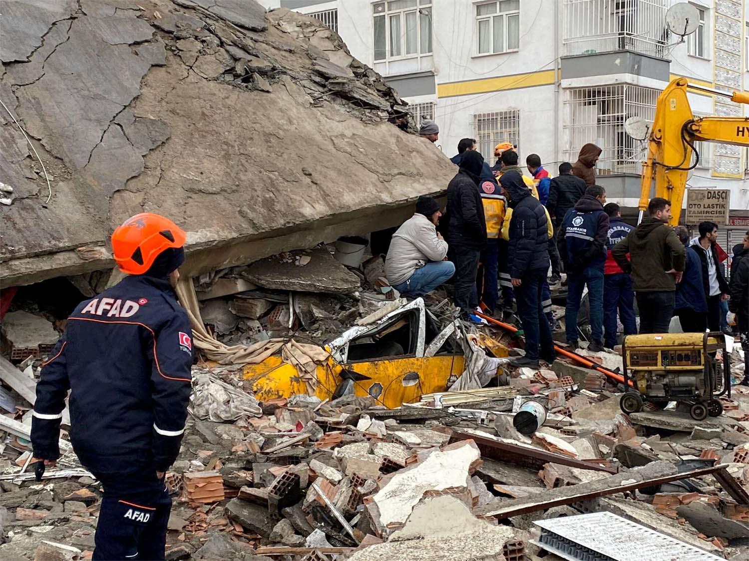 Buildings were reported collapsed in a cross-border swath extending from Syria’s cities of Aleppo and Hama to Turkey’s Diyarbakir