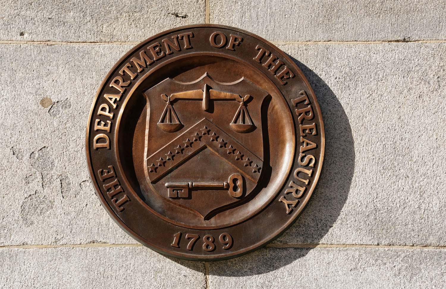 A bronze seal for the Department of the Treasury is shown at the US Treasury building in Washington